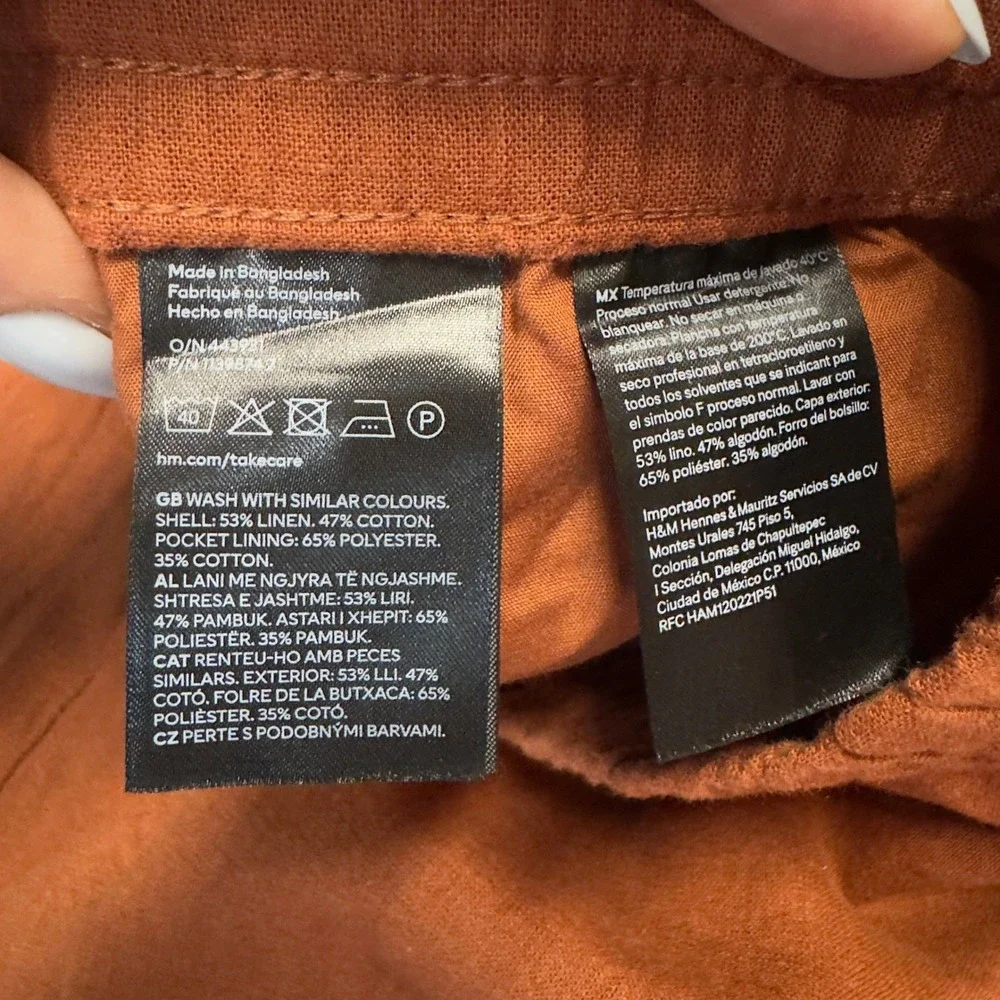 HM Mens Loose Fit Linen Blend Trousers Burnt Orange Elastic Waist Size L